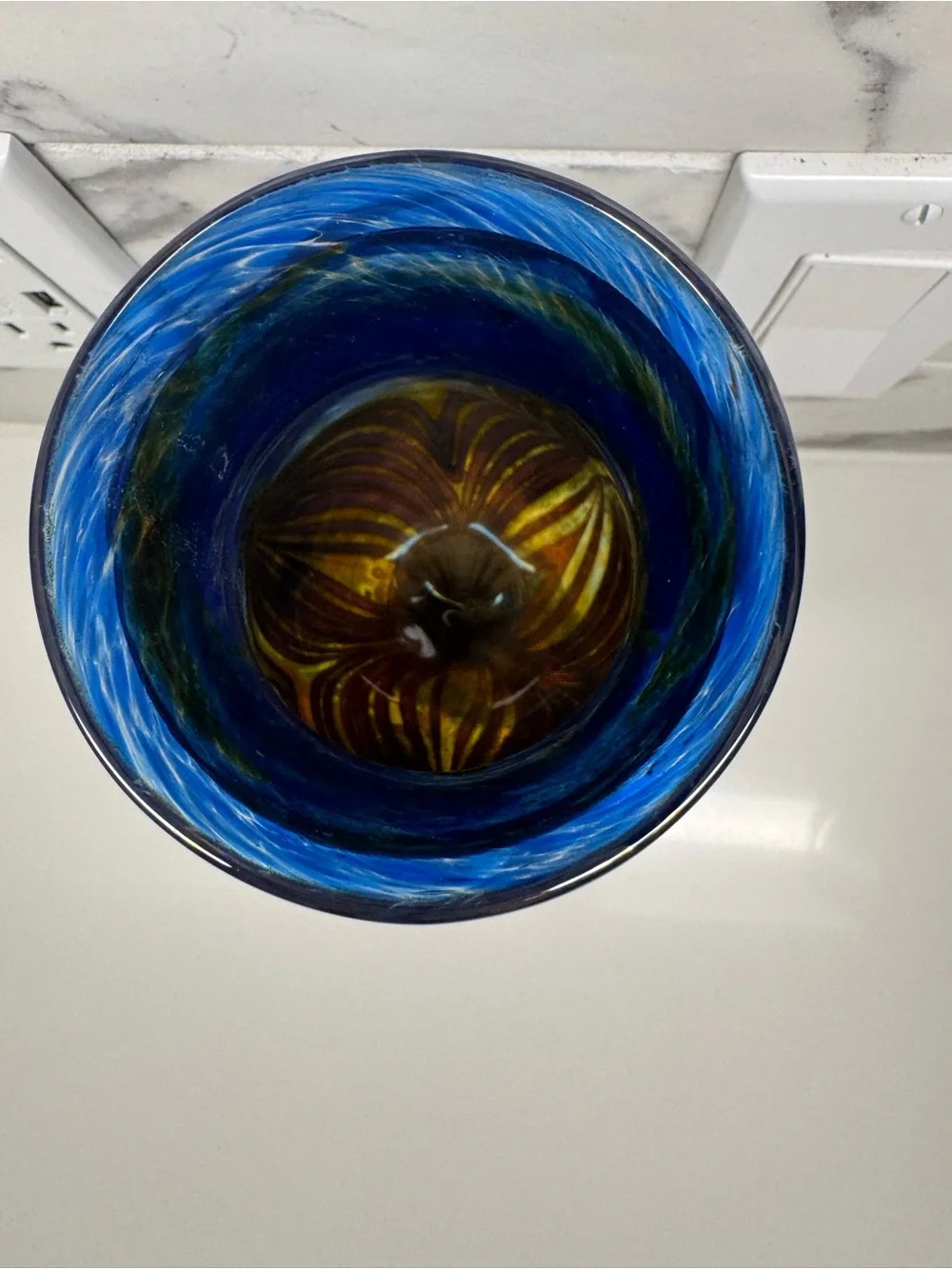Signed Princ Art Glass Czechoslovakia Chalice Goblet Cobalt Pulled Feather